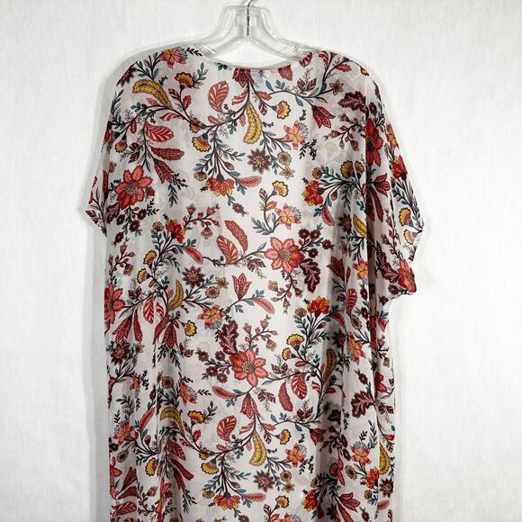 Boutique Plus Size 1X Kimono Floral White Peach Open Front Long Chiffon 857 - Picture 2 of 10